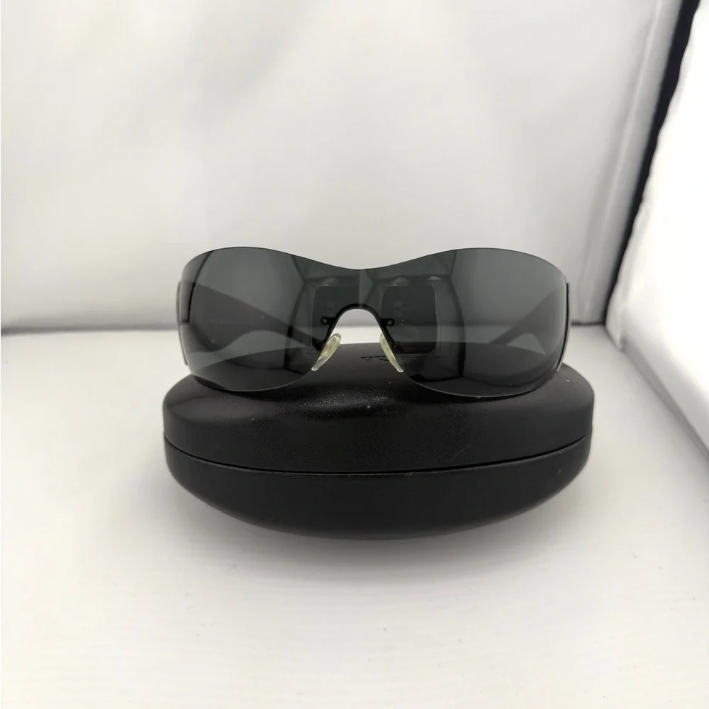 Prada Black Spr51g Shield Sunglasses with Silver Swirl Detail - Picture 2 of 13